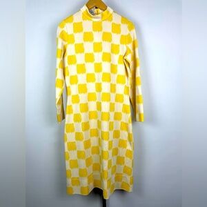 Vintage 60s 70s Amelia Gray Yellow Cream Checkered Long Sleeve‎ Mock Neck Dress